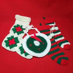 Christmas Stockings Ornament Knit Crochet Handmade Set of 4